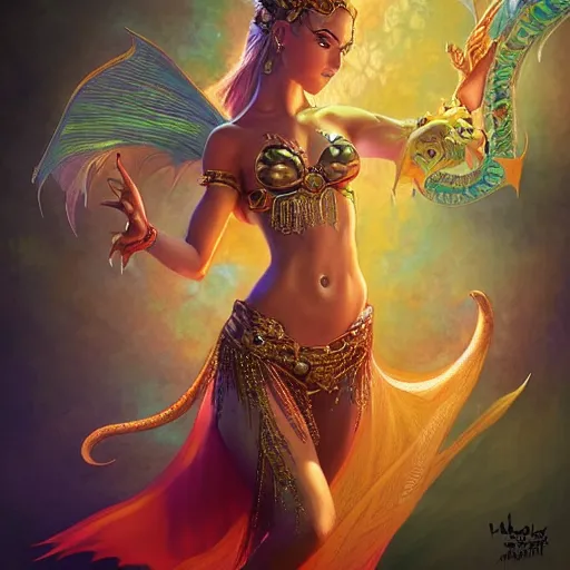 Prompt: photo of a cute female bellydancer dragon, anthropomorphic, sharp focus, illustration, ultra real, masterpiece, glowing holy aura by magali villeneuve and stanley artgerm lau, wlop,