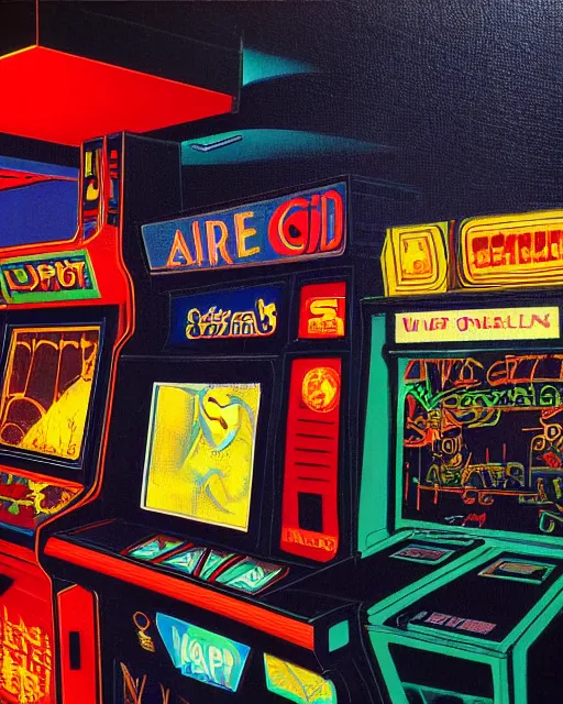 Image similar to arcade at night. 8 0 s era technology, vintage shapes, retro technology, vintage color, wayne barlow, oil on canvas, deep depth of field, masterpiece, cinematic composition, hyperdetailed