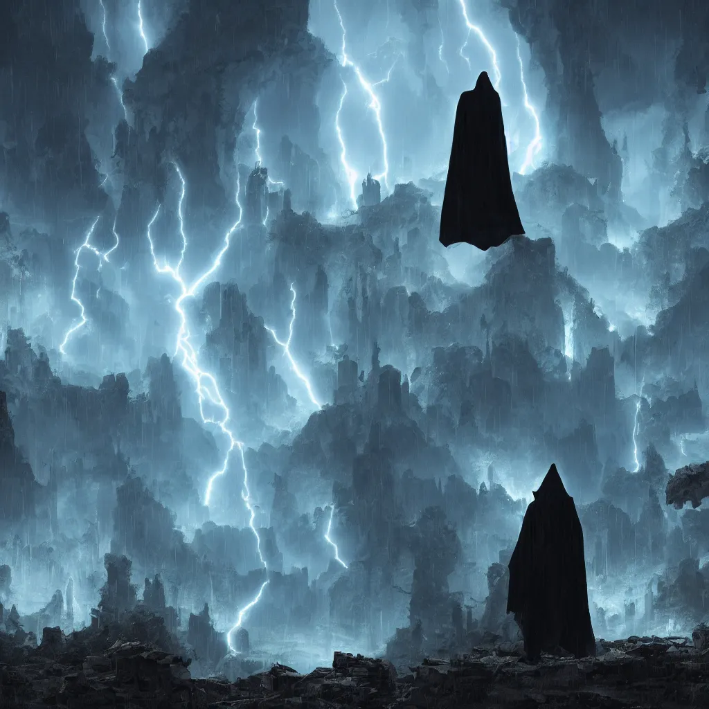 Image similar to a still of a cloaked figure standing in the ruins of crux prime, monastery, there is lightning, blue fiery maelstrom in the distance, it is raining, digital art, artstationhq