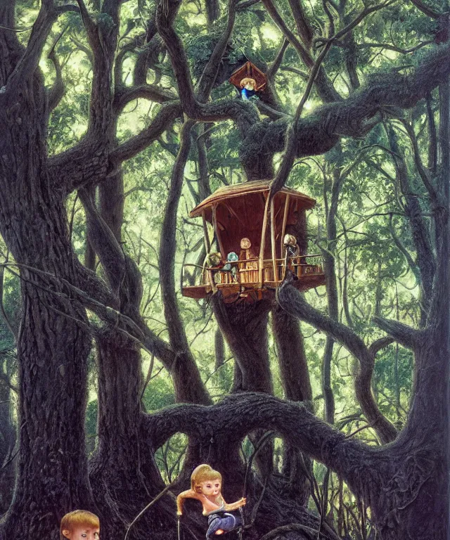 Image similar to masterful oil on canvas painting, eye - level view, shot from 5 0 feet distance, of a kid playing in a treehouse. in the background is a whimsical sparse forest. golden hour, detailed, depth, volume, chiaroscuro, quiet intensity, vivid color palette. by tex avery and gerald brom