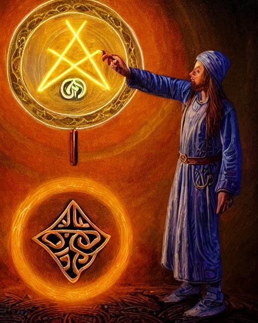 Image similar to enamel painting of mage reciting an incantation and standing on glowing circular runes in the middle of dark room, high production value, intricate details, high resolution, hyperrealistic, hdr, high definition, masterpiece, ultra realistic, highly detailed, hd, sharp focus, non blurry, sharp, smooth