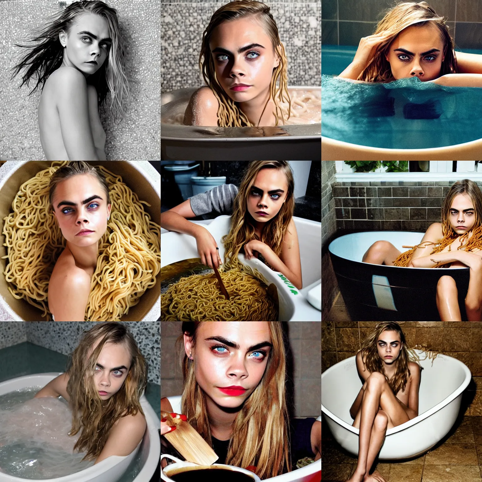 Prompt: Cara Delevingne in a bathtub full of noodles