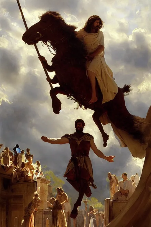 Image similar to beautiful oil painting portrait of ancient roman bernedoodle emperor hovering in the air wearing the civic crown levitating and ascending in stations of the cross pose, art by anders zorn, wonderful masterpiece by greg rutkowski, expressive brush strokes, beautiful cinematic light, american romanticism by greg manchess, jessica rossier