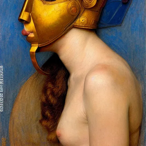 Image similar to a beautiful young android girl wearing a bird mask, by annie swynnerton and diego rivera and elihu vedder, symbolist, dramatic lighting, elaborate geometric ornament, head and shoulders view, art brut, soft cool colors, smooth, sharp focus, extremely detailed, adolf wolfli, donato giancola