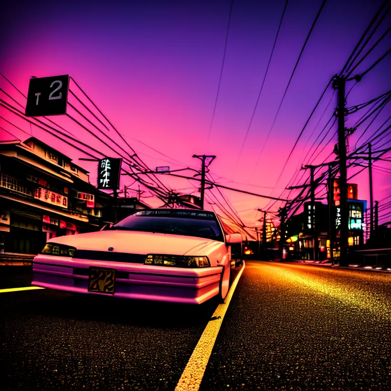 Image similar to close-up-photo JZX90 drift middle of street, sunset kanagawa prefecture, night, cinematic color, photorealistic, highly detailed,