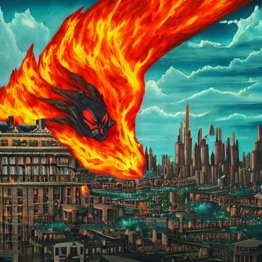Prompt: Dark powerful creature all on fire with only one eye, destroying city, old art