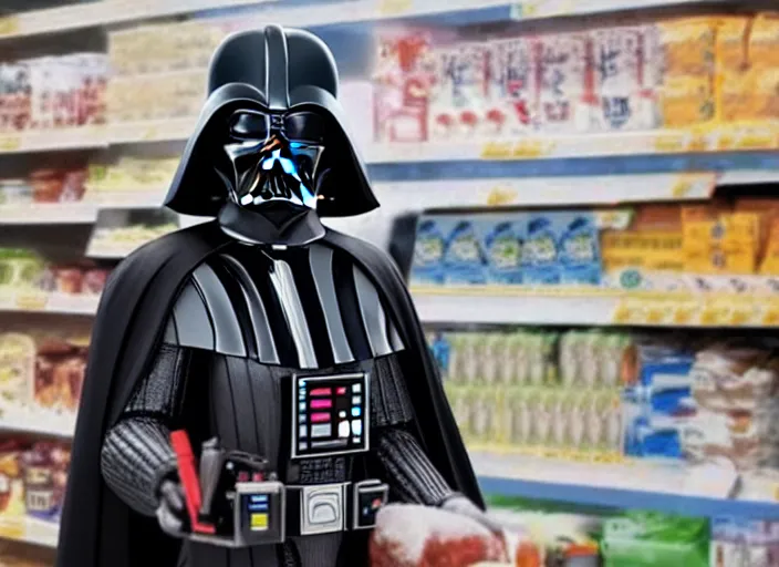 Prompt: film still of Darth Vader working as a cashier at a grocery store in the new Star Wars movie, 4k