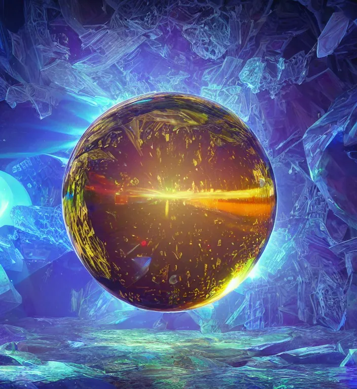 Image similar to a magical and exquisite fantasy illustration of an intricate and faceted crystal ball with a world inside of it + in water + prism + god rays + dramatic lightning + backlit + specular highlights + ambient occlusion + global illumination + bump map + reflective + caustics + refractive + unreal engine 5 + DOF + sharp focus, digital artwork by Dan Mumford + Peter Mohrbacher + Ash Thorp