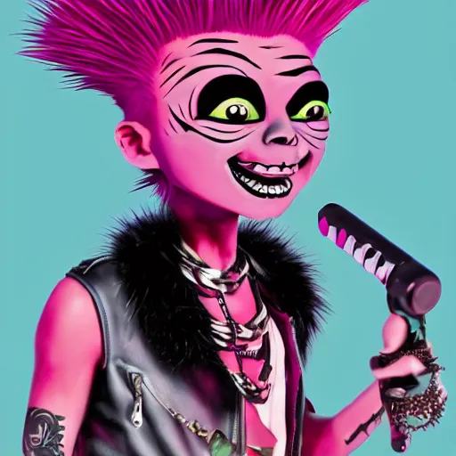 Image similar to a pink punk rock rapper alien with black spiked hair, an airbrush painting by Jamie Hewlett, cgsociety, symbolism, antichrist, aesthetic, 8k