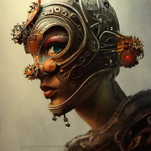 Image similar to Very very very very highly detailed epic photo of beautiful face with carnival mask, intricate, dystopian, sci-fi, extremely detailed, digital painting, artstation, concept art, smooth, sharp focus, illustration, intimidating lighting, incredible art by Anton Pieck