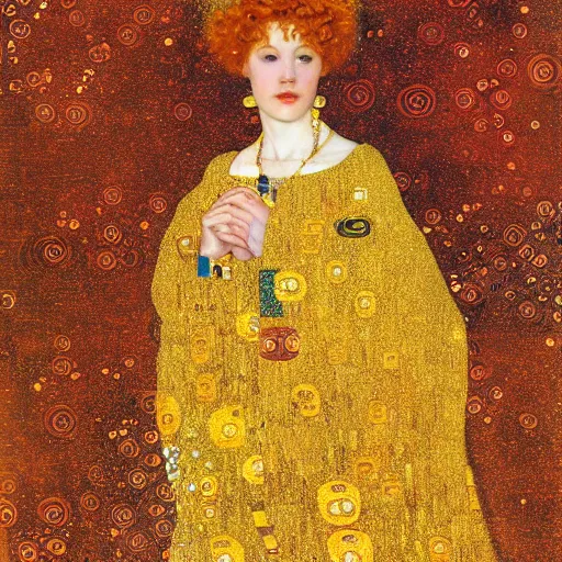 Image similar to An angelic woman with short red hair in golden garbs by Gustav Klimt, ornate golden background, detailed