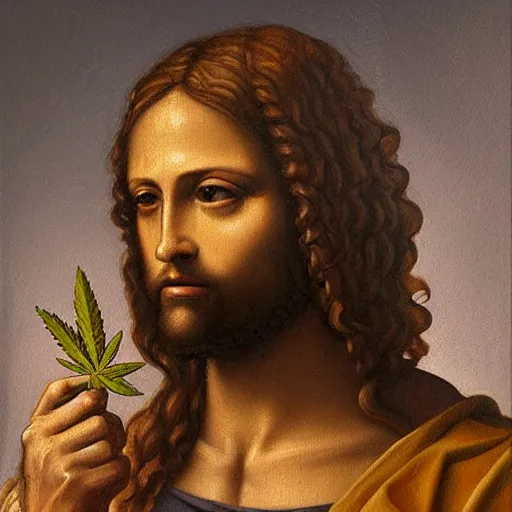 Image similar to an impasto oild painting of jesus holding a cannabis leaf painted by leonadro da vinci, rennaissance painting, high detailed oil painting, masterpiece, artstation