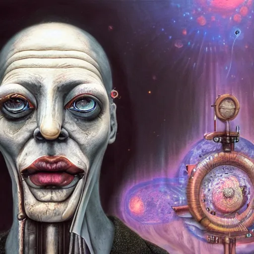 Image similar to full face close up portrait, sandman god of dreams wearing a plague - doctor mask, deliver me cosmic sight, by patrick woodroffe, by igor morski, by laurie lipton, valley of the damned background, cinematic lighting, volumetric lighting, neosurrealism, realistic shadows, sandman, particle effects, rendered in octane, psychedelic, cosmic, fantasy