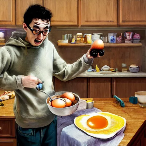 Prompt: Filthy Frank making eggs while screaming at the camera in his kitchen, fisheye lens, above angle, 8k resolution, realistic, hyperrealistic, detailed, very detailed, HD quality, digital art, trending on artstation