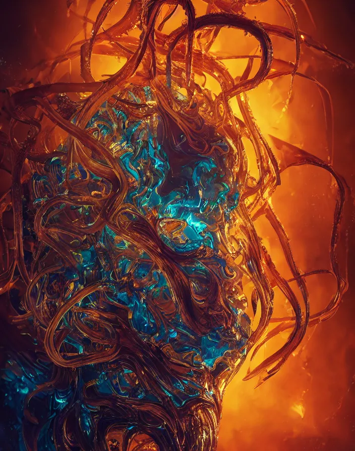 Image similar to demon portrait. burning water distortions. intricate abstract ornament. jellyfish phoenix head. intricate artwork. by Tooth Wu, wlop, beeple, dan mumford. octane render, trending on artstation, greg rutkowski very coherent symmetrical artwork. cinematic, hyper realism, high detail, octane render, 8k, depth of field, bokeh. iridescent accents