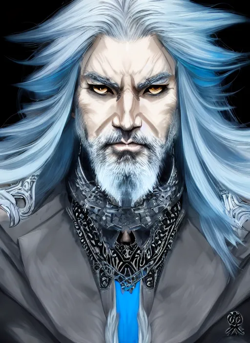 Image similar to Half body portrait of mature man with long silver hair, half man half wolf, wearing ornate pale blue attire. In style of Yoji Shinkawa and Hyung-tae Kim, trending on ArtStation, dark fantasy, great composition, concept art, highly detailed, dynamic pose.