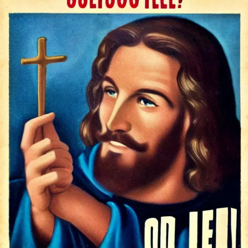 Image similar to Jesus advertising the Bible, 1950s Advert style,