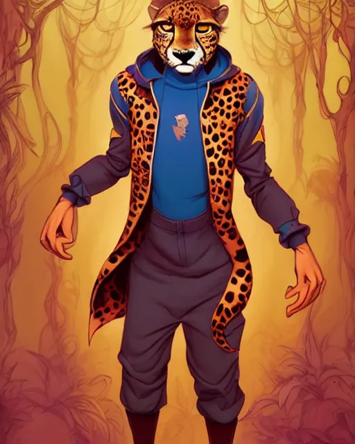 Image similar to don bluth, loish, artgerm, joshua middleton, steampunk, clockpunk anthropomorphic cheetah, wearing a track suit, smiling, symmetrical eyes symmetrical face, colorful animation forest background