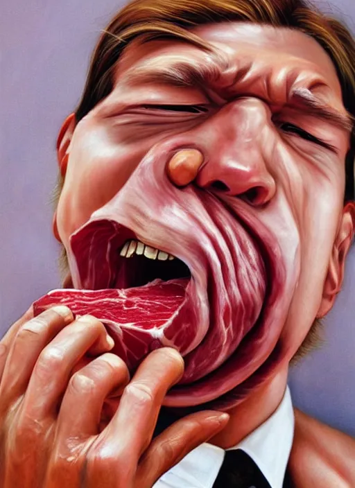 Prompt: ultrawide angle colour portrait masterpiece photography of vince mcmahon eating raw steak shot by annie leibovitz michael cheval miho hirano moebius josh kirb