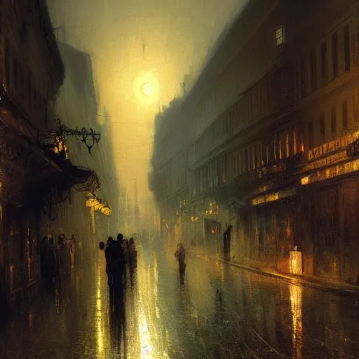 Prompt: highly detailed painting of night streets of belgrade, by william turner, by greg rutkowski, by william constable, thick brush strokes and visible paint layers, 4 k resolution