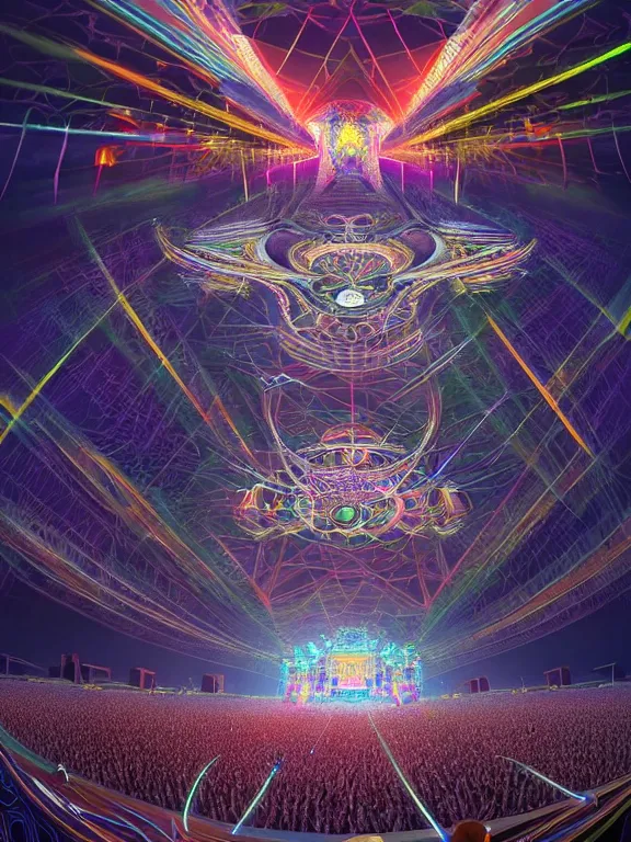 Image similar to symmetry!! dj plays big music at the biggest festivals in the world to a huge crowd with lots of blaring lights in the spirit of god, intricate, elegant, highly detailed, digital painting, artstation, concept art, smooth, sharp focus, illustration, by cgsociety and stefan kostic and stanley lau and artgerm, gorgeous, elegant