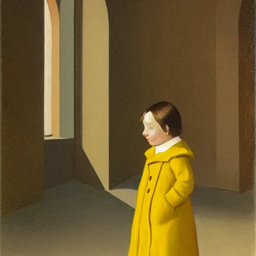 Prompt: a distant little girl with short black hair and wearing a yellow coat alone in the inner courtyard of an abbey, the light is bright and wintry, painting by hopper and de chirico