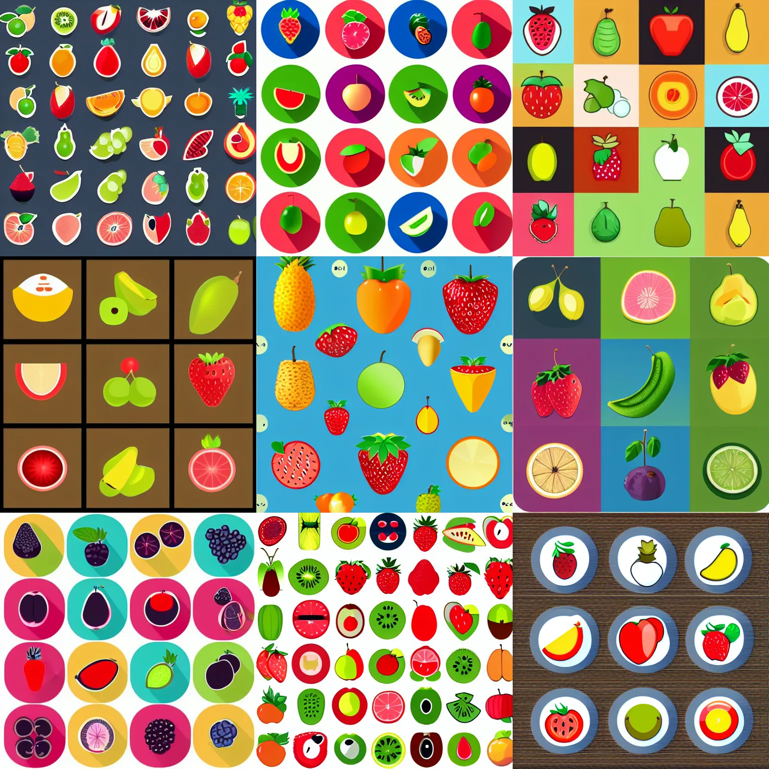 Prompt: a set of cute fruits icons, isolated on white background, stylized, cartoon, high quality, smooth graphics, fine edges,
