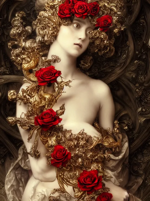 Image similar to a beautiful render of catholic rococo roses veiled red queen sculpture with symmetry intricate detailed,by Lawrence Alma-Tadema and aaron horkey and NekroXIII and Billelis and peter gric,Trending on artstation,ZBrush,maximalist,glittering,gold,silver,ivory,hyperreal,golden ratio,cinematic lighting