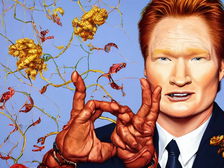 Image similar to close - up portrait of conan o'brien, painting by kehinde wiley, high detail, high resolution