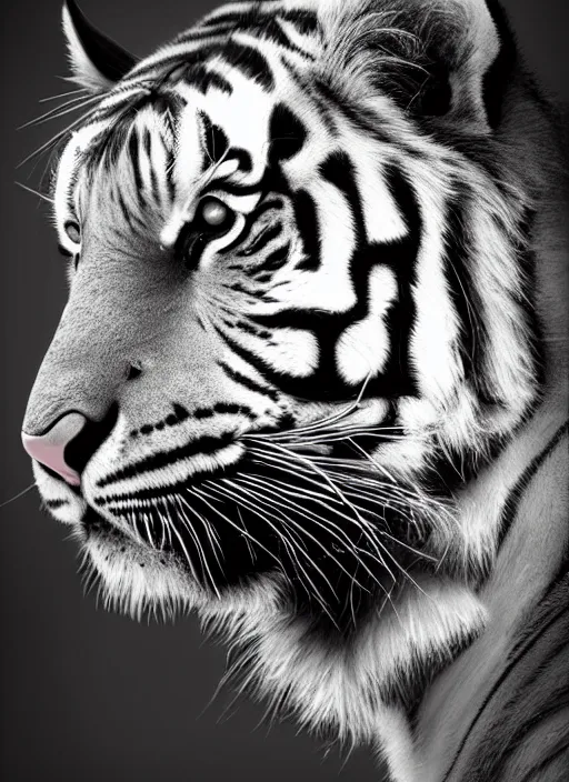 Image similar to a black and white photo of a tiger, a photorealistic painting by christian w. staudinger, behance, hyperrealism, hyper realism, majestic, wallpaper