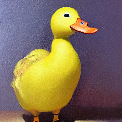 Image similar to yellow duck standing and holding a knife, oil painting