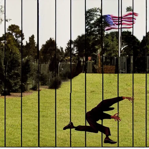 Image similar to barack obama jumping over fence. film strip. 9 frames.