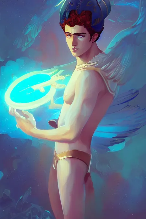 Prompt: the handsome greek god hermes, wearing winged helmet, holding glowing laptop computer, digital painting bioluminance alena aenami artworks in 4 k design by lois van baarle by sung choi by john kirby artgerm style pascal blanche and magali villeneuve