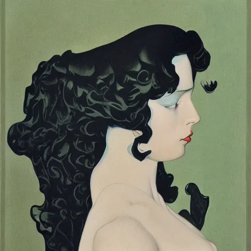 Image similar to oil painting of a portrait of a Queen dark curly hair, fair skin, by Patrick Nagel, by Georgia O Keeffe, by Gustave Moreau, art deco, matte drawing, storybook illustration, tonalism, realism, flat colors