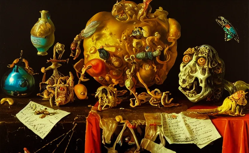 Image similar to disturbing colorful oil painting dutch golden age vanitas still life with bizarre objects strange gooey surfaces shiny metal bizarre insects rachel ruysch dali todd schorr very detailed perfect composition rule of thirds masterpiece canon 5 0 mm, cinematic lighting, photography, retro, film, kodachrome