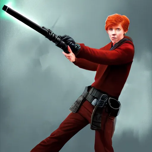 Image similar to epic digital matte paining of Ron Weasley firing a lightsaber out of a cannon, extremely detailed, artstation