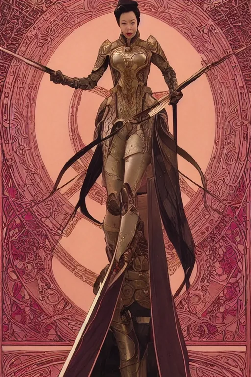 Prompt: full length portrait of zhang ziyi in armour, by eve ventrue, michael carson, andreas rochas, john watkiss, casey weldon, artgerm. art nouveau. tarot card by mucha. gloomhaven. swirly intricate linework background. gaudy colors, sharp edges. octane render