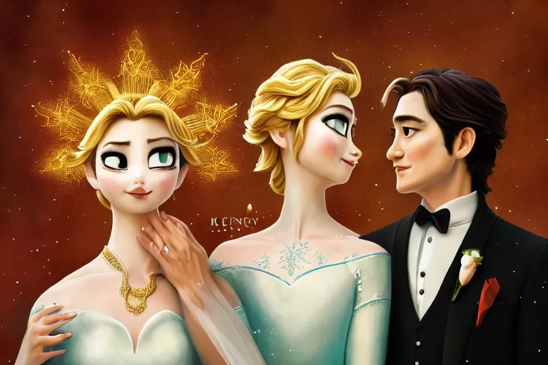 Image similar to a cinematic portrait of wedding photograph jpeg close up moment of a divine a japan sun god and moon goddess lovers magician at a wedding banquet. portraiture. digital painting. artstation. concept art. wedding photo. illustration. frozen ii art masterpiece by art by krenz cushart