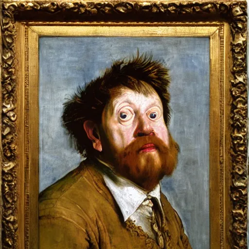 Prompt: photorealistic oil portrait of chas finster from rugrats, painted by leonardo davinci, rembrandt, anthony van dyck, and lawrence alma - tadema