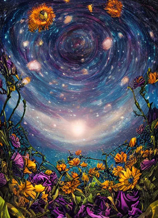 Image similar to An epic fantastic realism comic book style painting of the most beautiful entwined flowers launched across the dark and starry night sky, nebulous bouquets, fisheye lens, unreal 5, DAZ, hyperrealistic, octane render, dynamic lighting