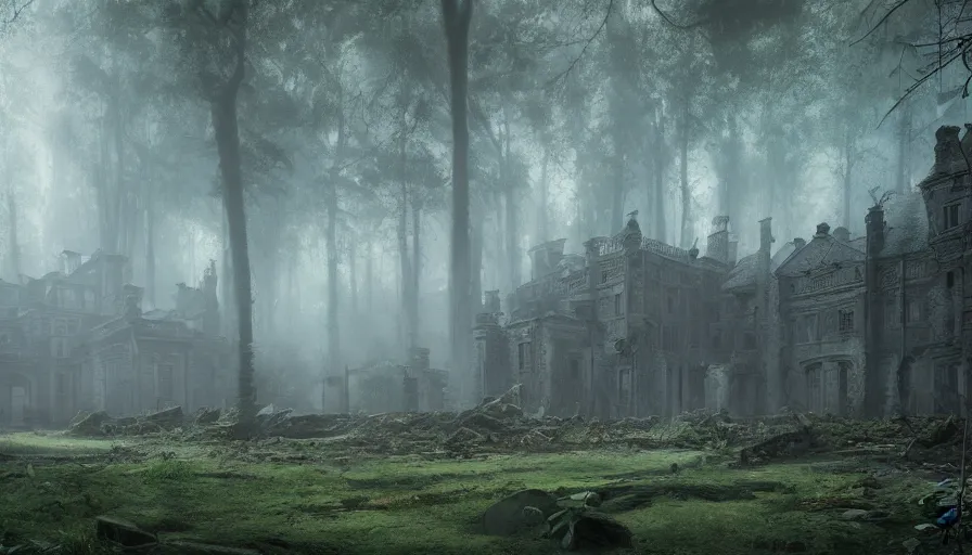 Image similar to Big dilapidated manor in the heart of a huge and dark forest with a light mist, hyperdetailed, artstation, cgsociety, 8k