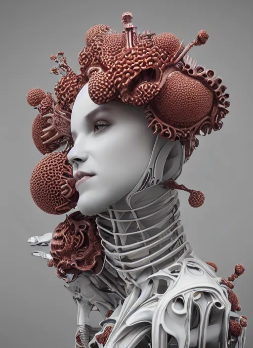 Prompt: complex 3 d render hyper detailed ultra sharp beautiful futuristic close - up stunning biomechanical humanoid woman with carved porcelain ivory fair face, iris van herpen daisies corals filigree lace haute couture headdress with rhizomorph finials spires, white mecha, cyberpunk steel brackets, fractal red puffballs
