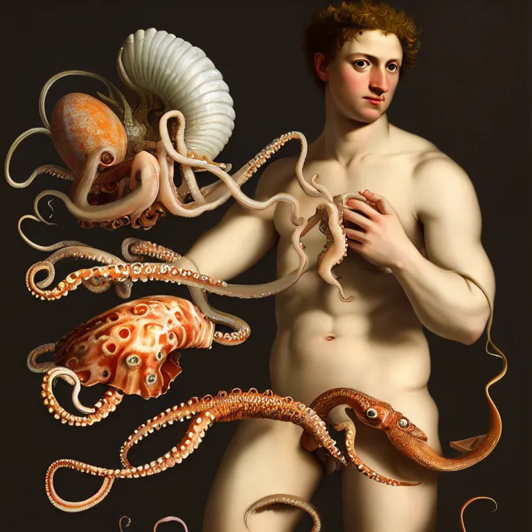 Prompt: young white man standing in a shell, holding a squid, octopus, sea in the background, beautiful baroque portrait painting, beautiful detailed intricate insanely detailed octane render trending on Artstation, 8K artistic photography, photorealistic, chiaroscuro, Raphael, Caravaggio