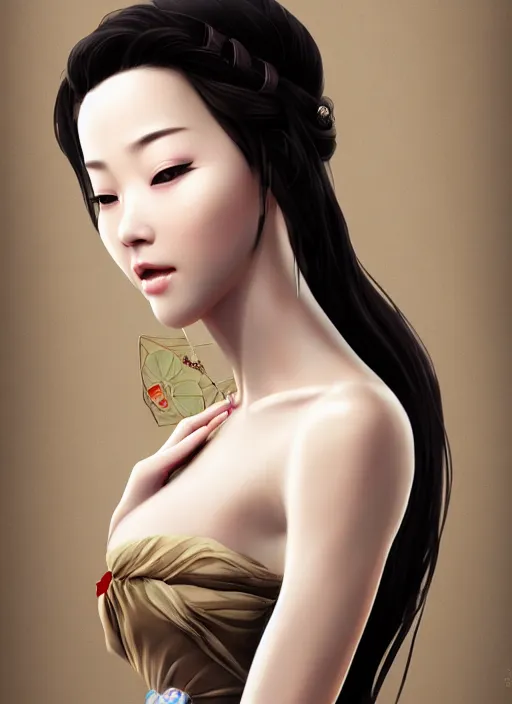 Image similar to beautiful fashion girl in ancient china, strapless dress, character portrait in the style of thomas river and artgerm, wlop, cinematic lighting, hyperdetailed, 8 k realistic, symmetrical, global illumination, radiant light, halo, love and mercy, frostbite 3 engine, cryengine, dof, trending on artstation, digital art, chanel