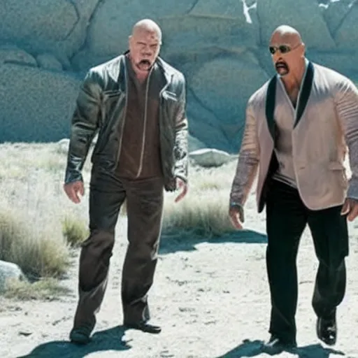 Prompt: Walter white and Dwayne the rock johnson working together