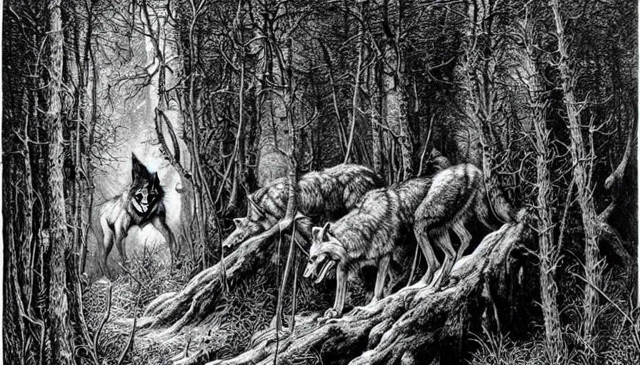 Prompt: wolfs in the forest, rotting, blood, night, death, fear, horror, religion, hyperrealism, detailed and intricate environment, art by gustave dore, jean giraud, philippe druillet