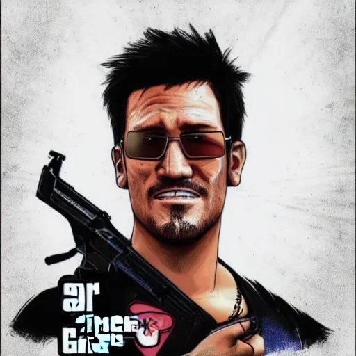 Image similar to Markiplier in a GTA 5 cover art style, highly detailed, trending on art station