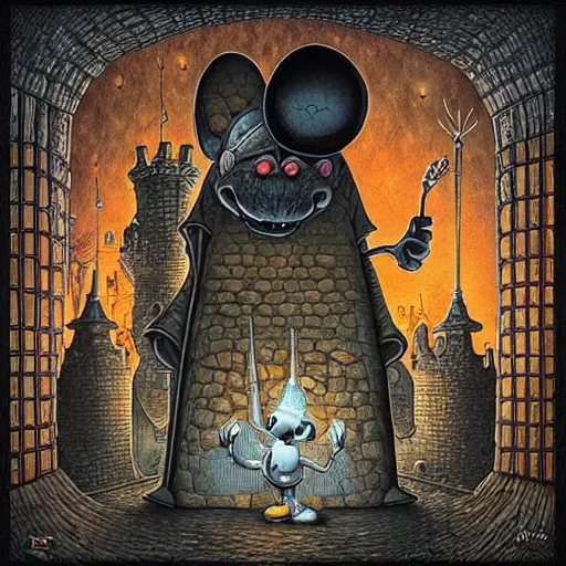 Prompt: Mickey mouse as a dark souls boss by Jacek Yerka