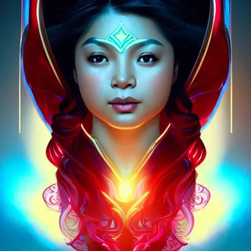 Image similar to young angel locsin as darna, volumetric lights, red and cyan theme, art nouveau botanicals, intricate, highly detailed, digital painting, artstation, concept art, smooth, sharp focus, cinematic, illustration, beautiful face, art by artgerm and greg rutkowski and alphonse mucha