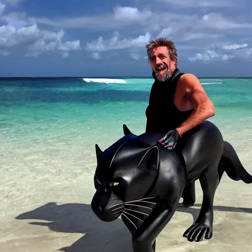 Image similar to john mcafee riding a black panther on a tropical beach